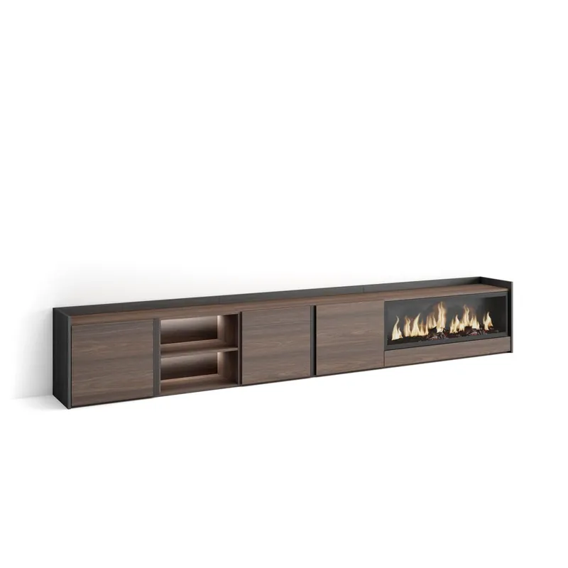 Mueble TV, Televisión, Muebles de salón, almacenaje, 315x35x50cm, Para TV hasta 80", Chimenea eléctrica XXL, LED, Estilo Moderno, Beige