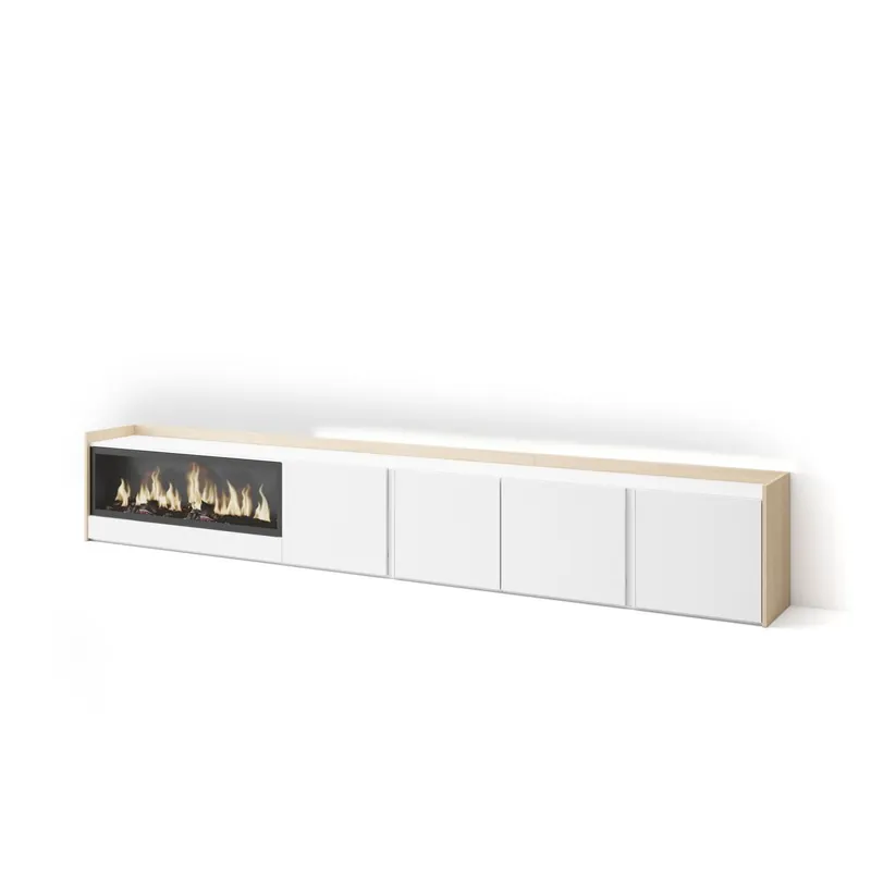 Mueble TV, Televisión, Muebles de salón, almacenaje, 315x35x50cm, Para TV hasta 80", Chimenea eléctrica XXL, LED, Estilo Moderno, Beige