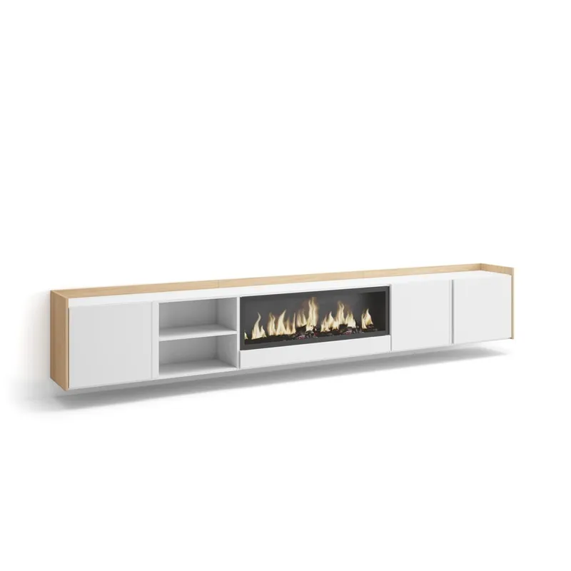 Mueble TV, Televisión, Muebles de salón, almacenaje, 315x35x50cm, Para TV hasta 80", Chimenea eléctrica XXL, Colgado, Suspendido, Estilo Moderno, Beige