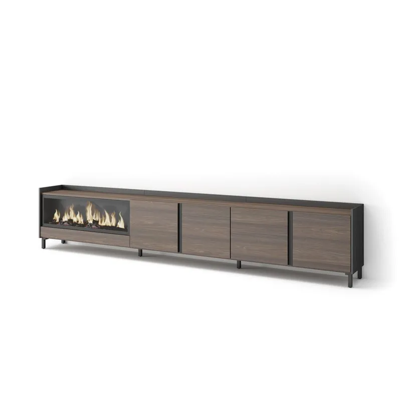 Mueble TV, Televisión, Muebles de salón, almacenaje, 315x35x61cm, Para TV hasta 80", Chimenea eléctrica XXL, Diseño industrial, Estilo Moderno, Beige