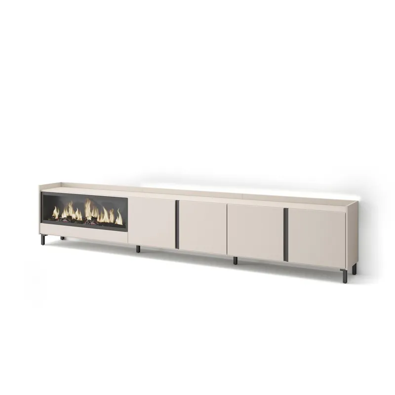 Mueble TV, Televisión, Muebles de salón, almacenaje, 315x35x61cm, Para TV hasta 80", Chimenea eléctrica XXL, Diseño industrial, LED, Estilo Moderno, Beige