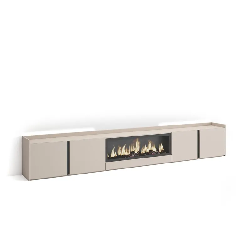 Mueble TV, Televisión, Muebles de salón, almacenaje, 315x35x50cm, Para TV hasta 80", Chimenea eléctrica XXL, LED, Estilo Moderno, Beige