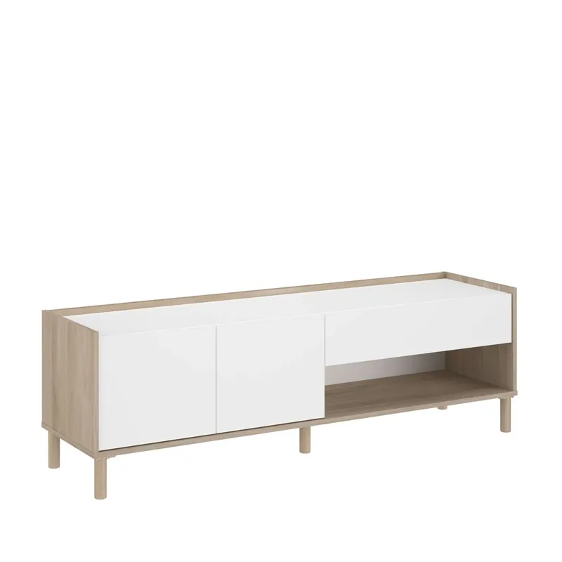 Mueble TV Azzaro 150 cm Salón Comedor Estilo Nórdico en color Roble Japonés y Blanco con 2 puertas, 1 Cajón y 1 Hueco Abierto - Muebles