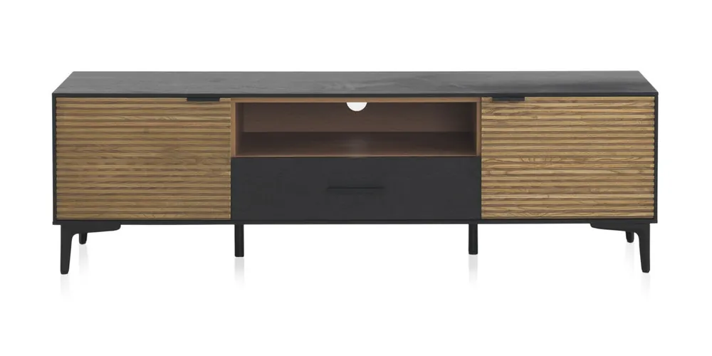 Mueble TV Chapado Fresno Negro Con Puertas Naturales Y Patas Metalicas Negras - Muebles