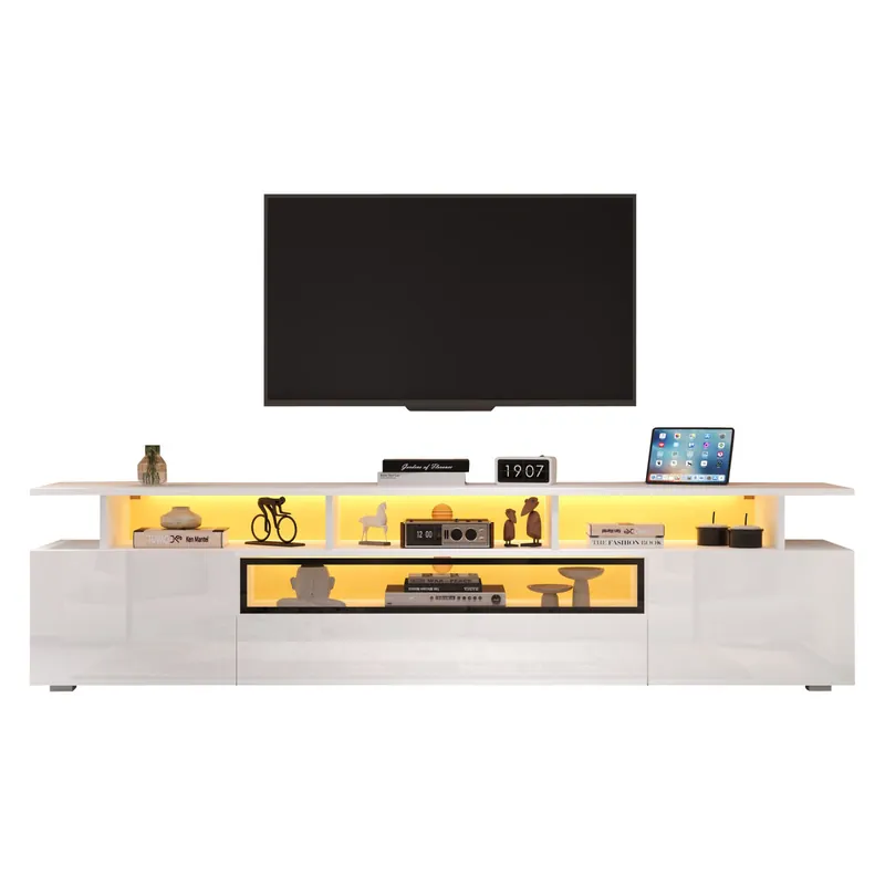 Mueble TV 180 cm de panel de partículas con 2 puertas,1 cajón y luz led,blanco - Muebles