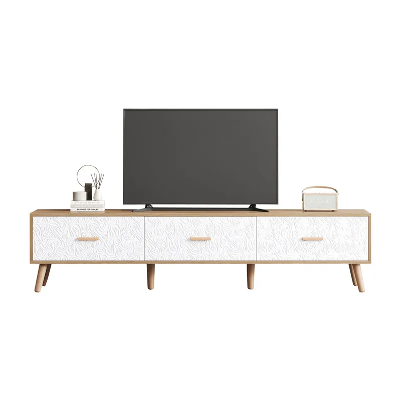 Mueble TV 150 cm de panel de partículas con 3 cajónes,natural+blanco - Muebles