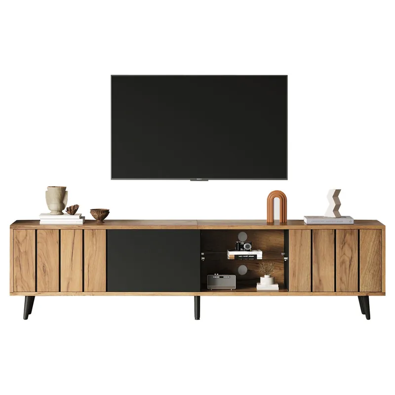 Mueble TV 175 cm,mueble de salón de panel de partículas con 3 puertas,natural+negro - Muebles