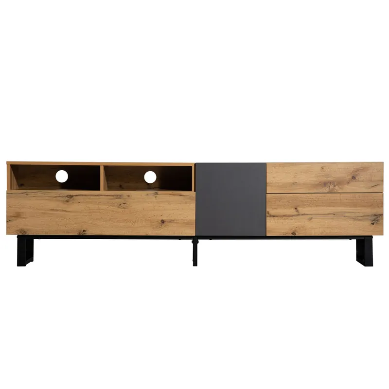 Mueble TV 180cm de mdf con 2 puertas y 2 cajónes,negro+madera - Muebles
