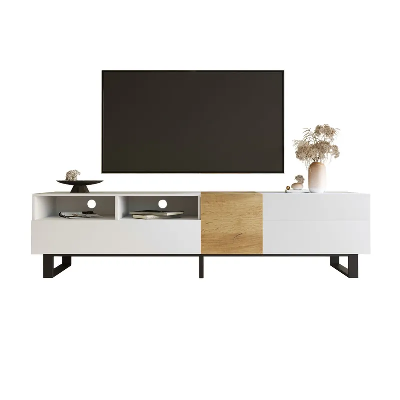 Mueble TV 180cm de mdf con 2 puertas y 2 cajónes,blanco+madera - Muebles