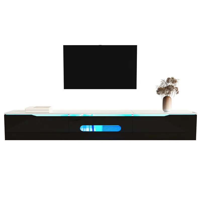Mueble TV 180cm de mdf y panel de partículas con 3 puertas abatibles y luz led,blanco - Muebles