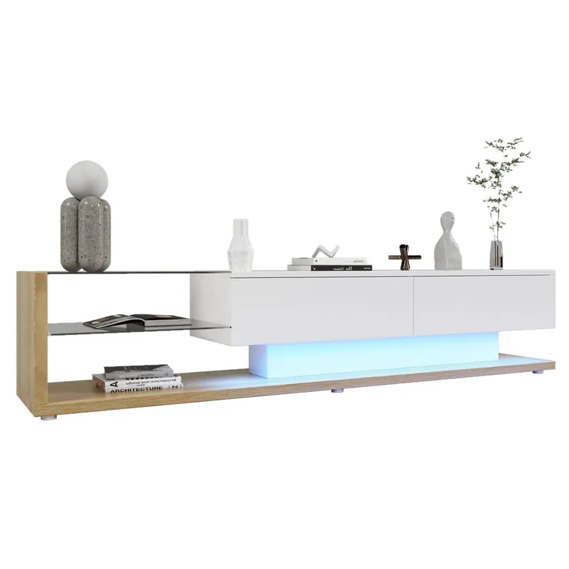 Mueble TV 170cm de panel de partículas con 2 cajónes y luz led,negro - Muebles