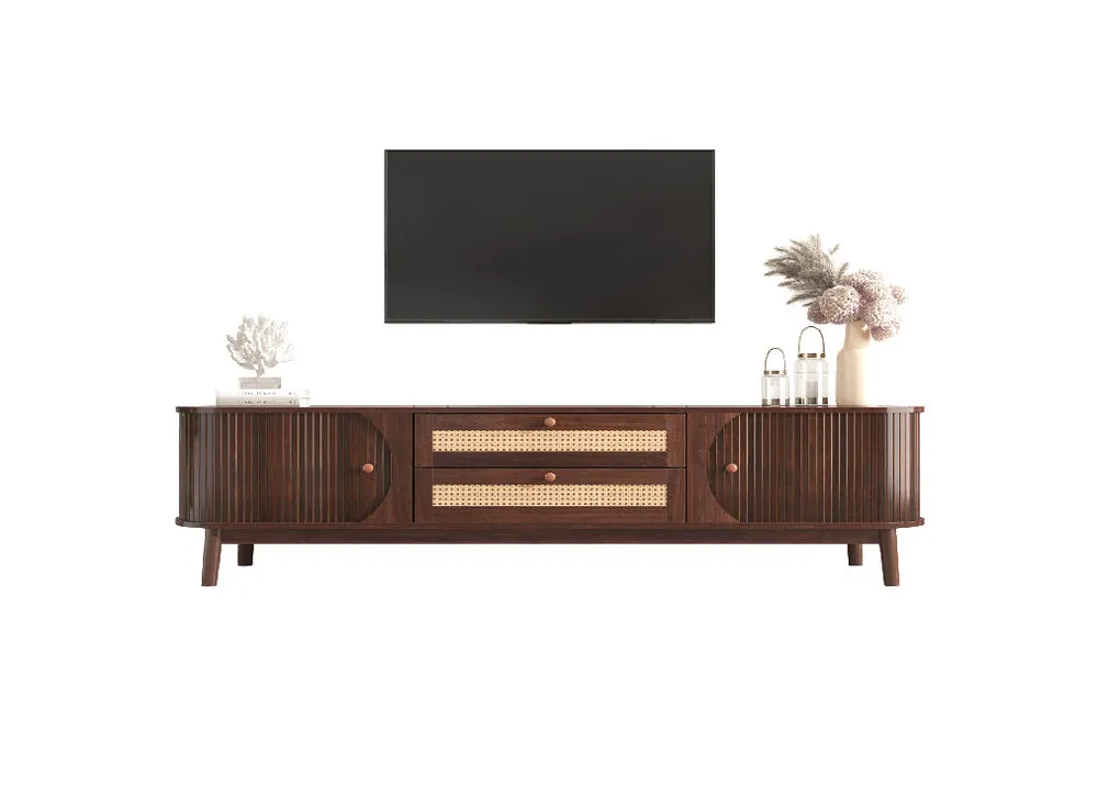 Mueble TV de ratán 170cm de panel de partículas con 2 puertas correderas y 2 cajónes,blanco - Muebles