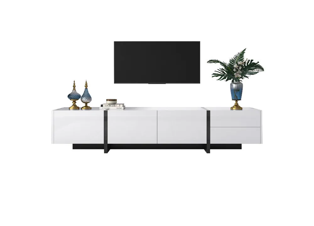 Mueble TV 190cm de alto brillo de panel de partículas con 3 puertas y 2 cajónes,blanco - Muebles