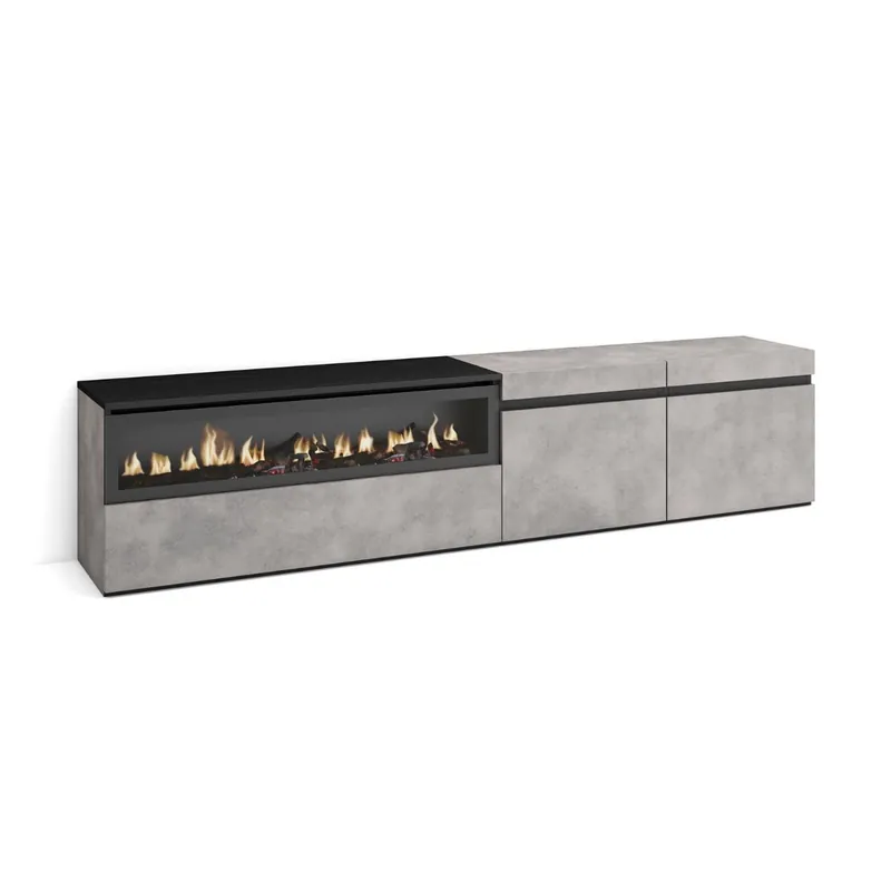 Mueble TV Kroma 3 puertas con chimenea izquierda blanco/negro 45x203x34,6 cm - Muebles