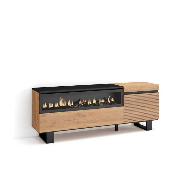 Mueble TV, Televisión, Muebles de salón, almacenaje, 150x35x57cm, Para TV hasta 65", Chimenea eléctrica, Diseño industrial, Estilo Moderno, Roble