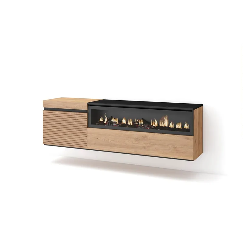 Mueble TV, Televisión, Muebles de salón, almacenaje, 150x35x45cm, Para TV hasta 65", Chimenea eléctrica, Colgado, Suspendido, Estilo Moderno, Roble