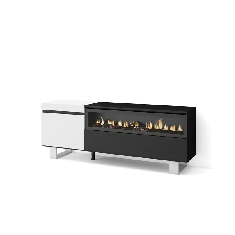Mueble TV, Televisión, Muebles de salón, almacenaje, 150x35x57cm, Para TV hasta 65", Chimenea eléctrica, Diseño industrial, Estilo Moderno, Blanco y negro