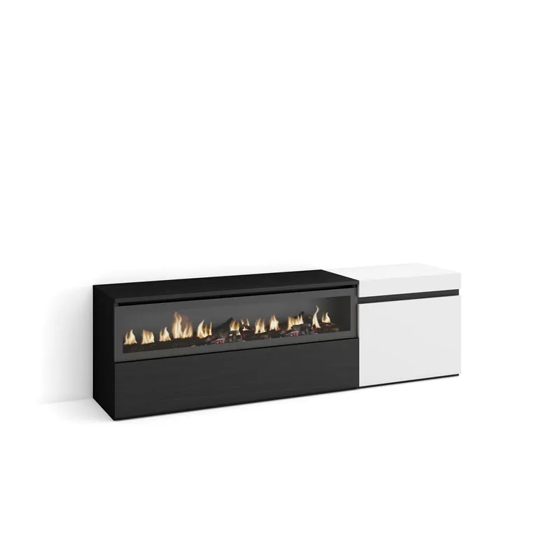 Mueble TV, Televisión, Muebles de salón, almacenaje, 150x35x45cm, Para TV hasta 65", Chimenea eléctrica, Estilo Moderno, Blanco y negro