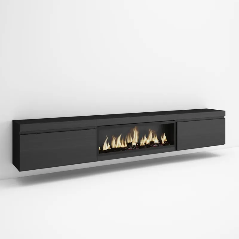 Mueble TV, Televisión, Muebles de salón, almacenaje, 267x35x45cm, Para TV gran formato, Chimenea eléctrica XXL, Colgado, Suspendido, Estilo Moderno, Cemento