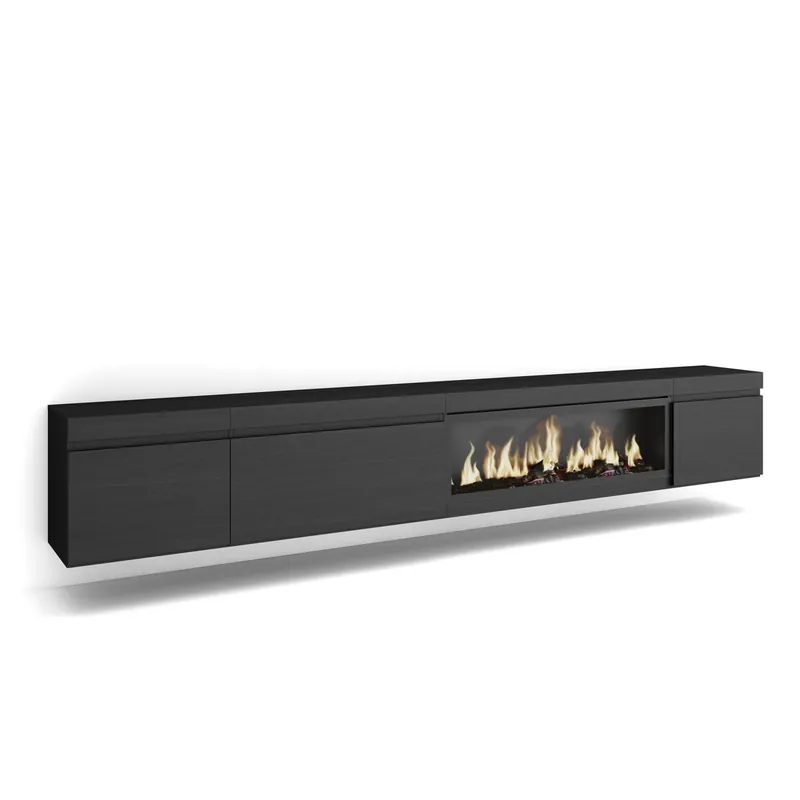 Mueble TV, Televisión, Muebles de salón, almacenaje, 288x35x45cm, Para TV gran formato, Chimenea eléctrica XXL, Colgado, Suspendido, Estilo Moderno, Cemento