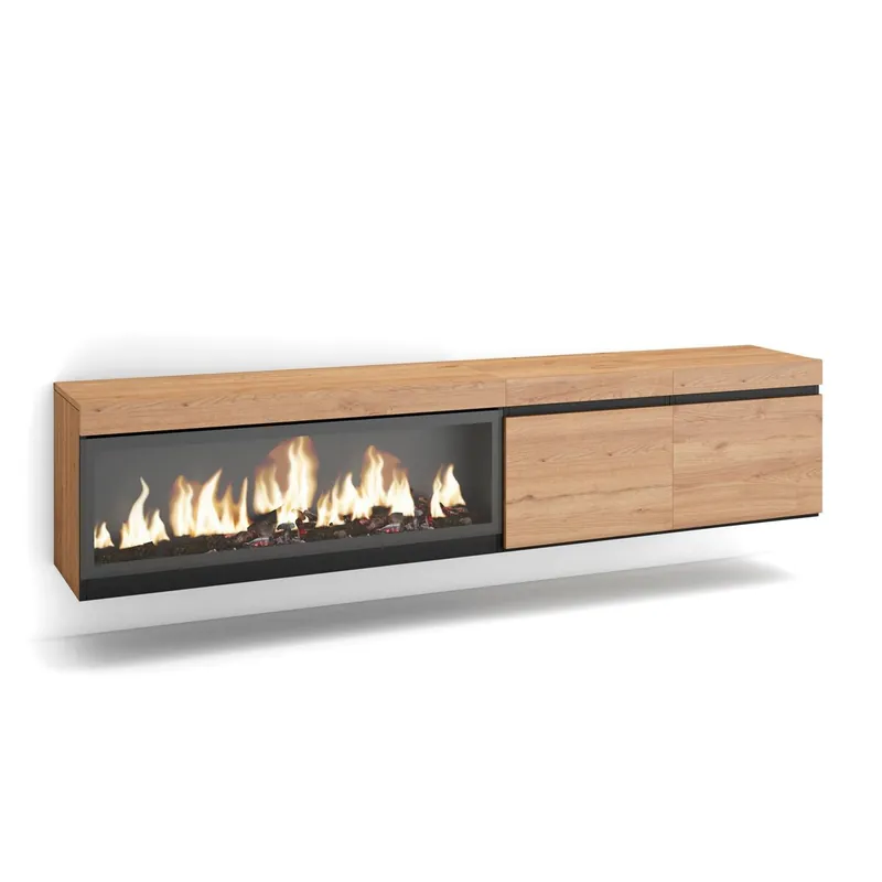 Mueble TV, Televisión, Muebles de salón, almacenaje, 208x35x45cm, Para TV hasta 80", Chimenea eléctrica XXL, Colgado, Suspendido, Estilo Moderno, Roble
