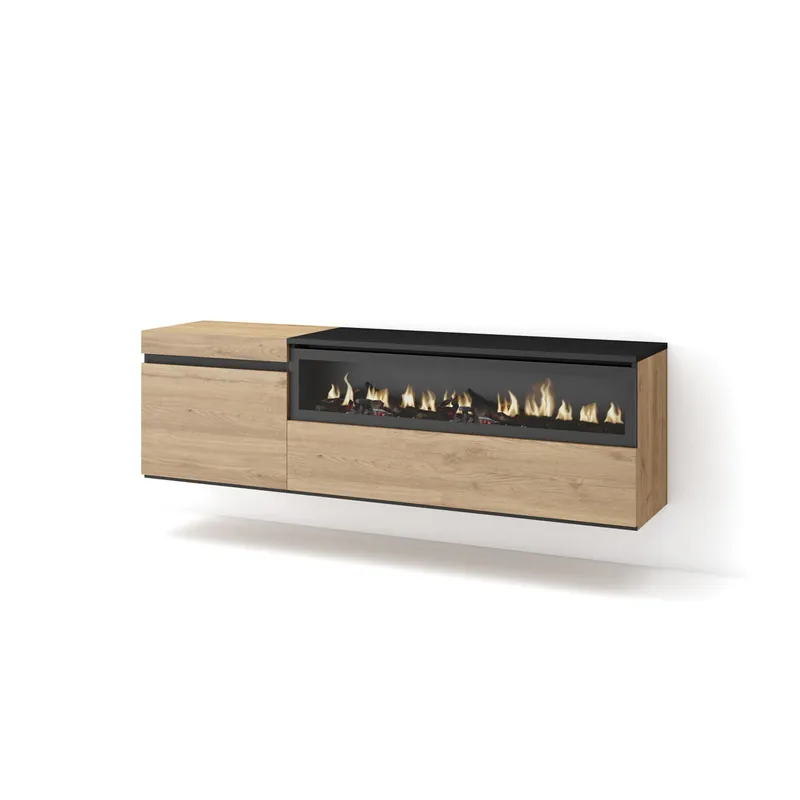 Mueble TV | Televisión | Muebles de salón, almacenaje | 150x45x35cm | Para TV hasta 65" | Chimenea eléctrica | Colgado, Suspendido | Estilo Moderno | Roble y negro