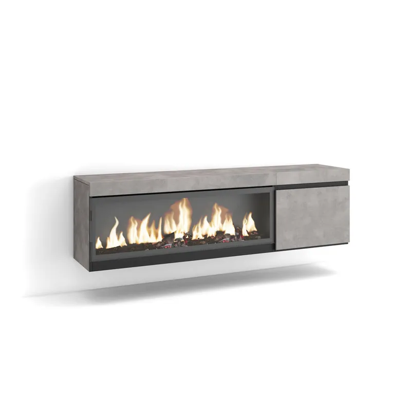 Mueble TV | Televisión | Muebles de salón, almacenaje | 160 | Para TV hasta 65" | Chimenea eléctrica XXL | Colgado, Suspendido | Estilo Moderno | Cemento