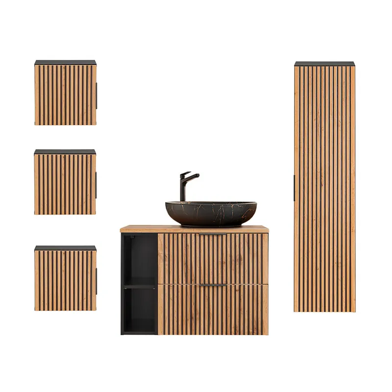 Conjunto de muebles con lavabo individual 80cm 2 compartimientos y 3 armarios de pared Gaia Madera y Negro - Lavabo Negr