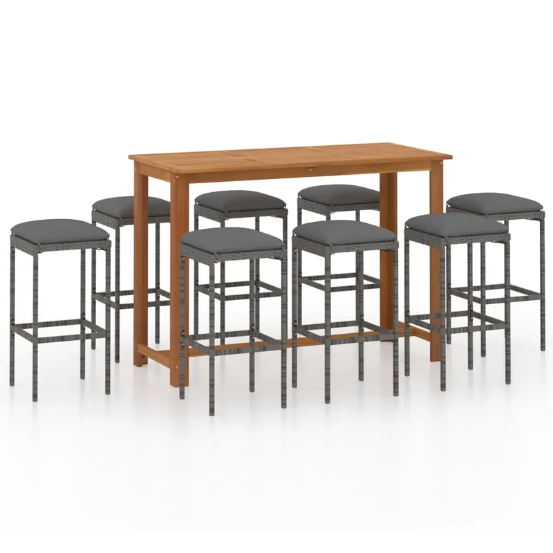 Set de bar para jardín 9 piezas y cojines ratán sintético gris
