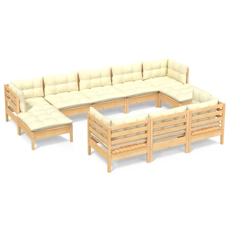 Muebles de jardín 10 pzas y cojines madera maciza de pino crema
