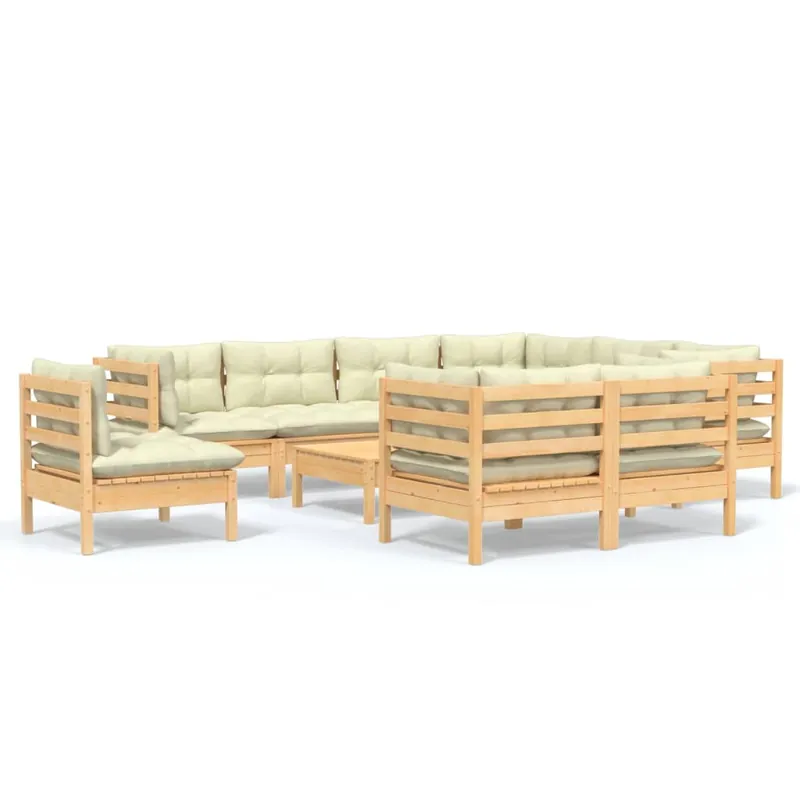 Muebles de jardín 10 pzas y cojines madera maciza de pino crema