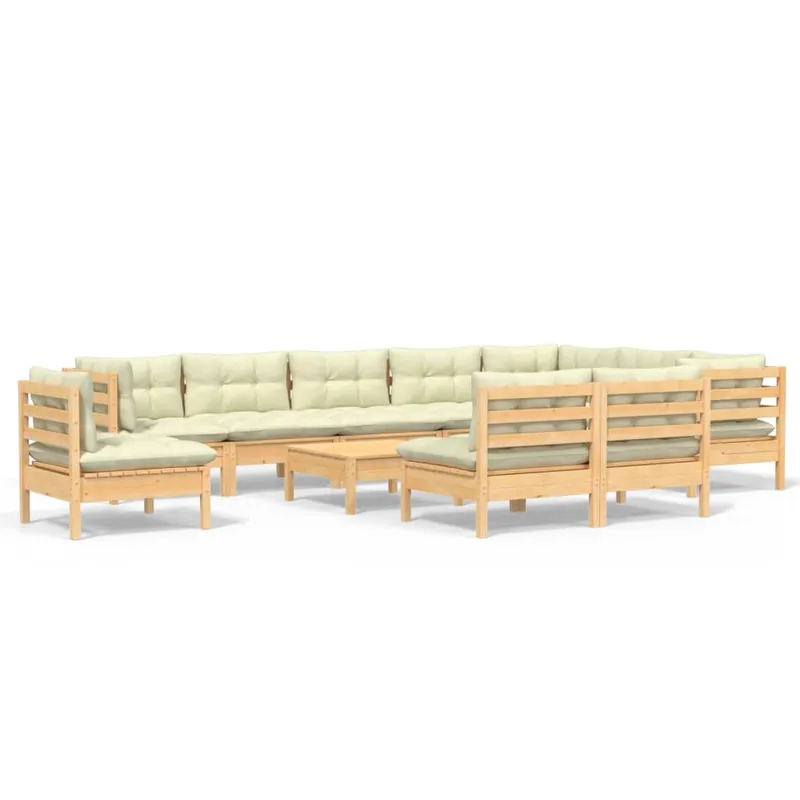 Muebles de jardín 11 pzas y cojines madera maciza de pino crema