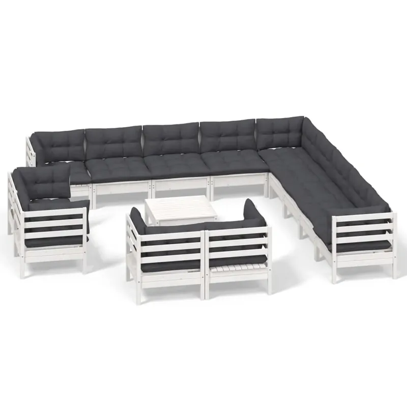 Muebles de jardín 14 pzas con cojines blanco madera maciza pino