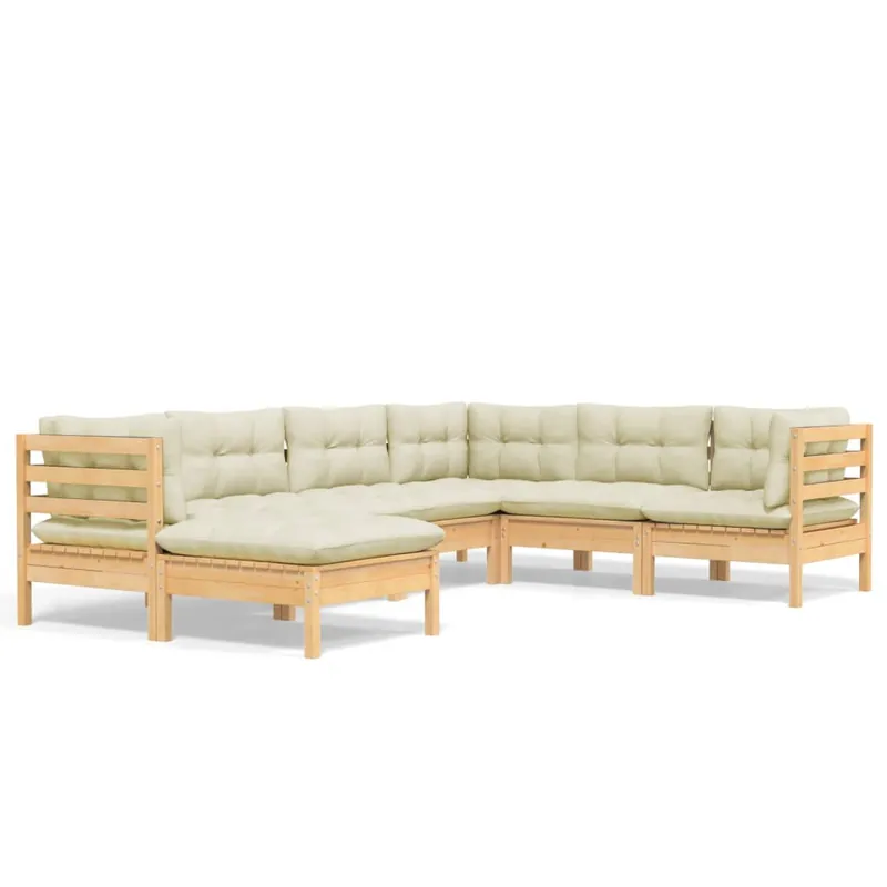 Muebles de jardín 7 pzas y cojines madera maciza de pino crema