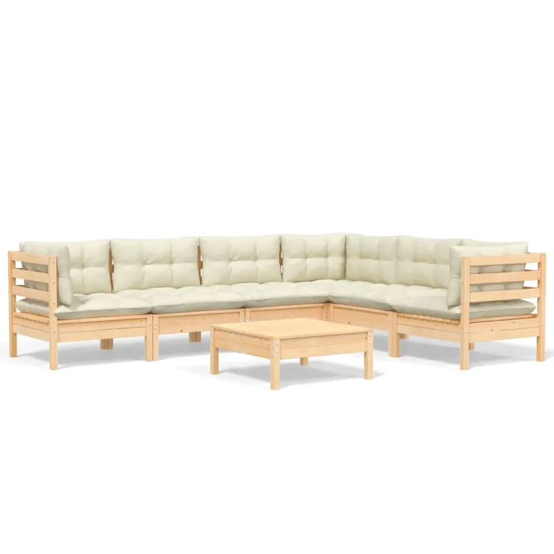 Muebles de jardín 7 pzas y cojines madera maciza de pino crema