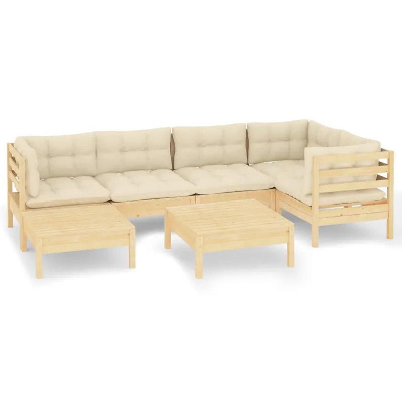 Muebles de jardín 7 pzas y cojines madera maciza de pino crema
