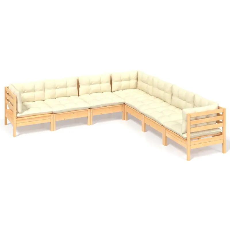 Muebles de jardín 7 pzas y cojines madera maciza de pino crema