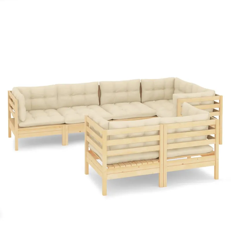 Muebles de jardín 7 pzas y cojines blanco madera maciza de pino