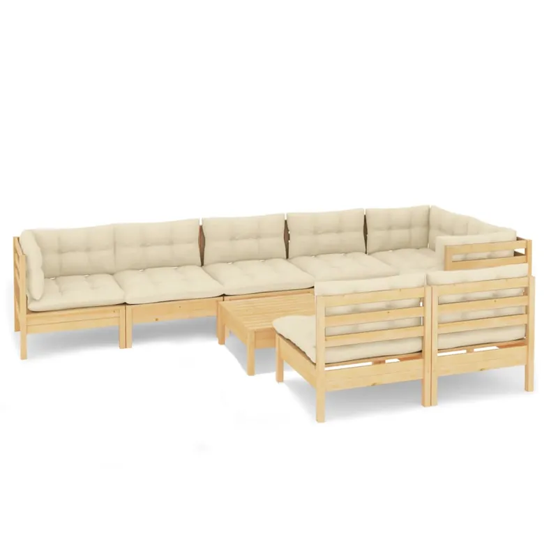Muebles de jardín 9 pzas y cojines madera maciza de pino crema