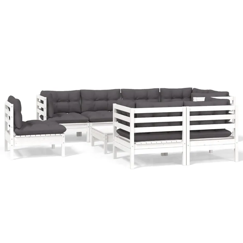 Muebles de jardín 9 pzas con cojines blanco madera maciza pino