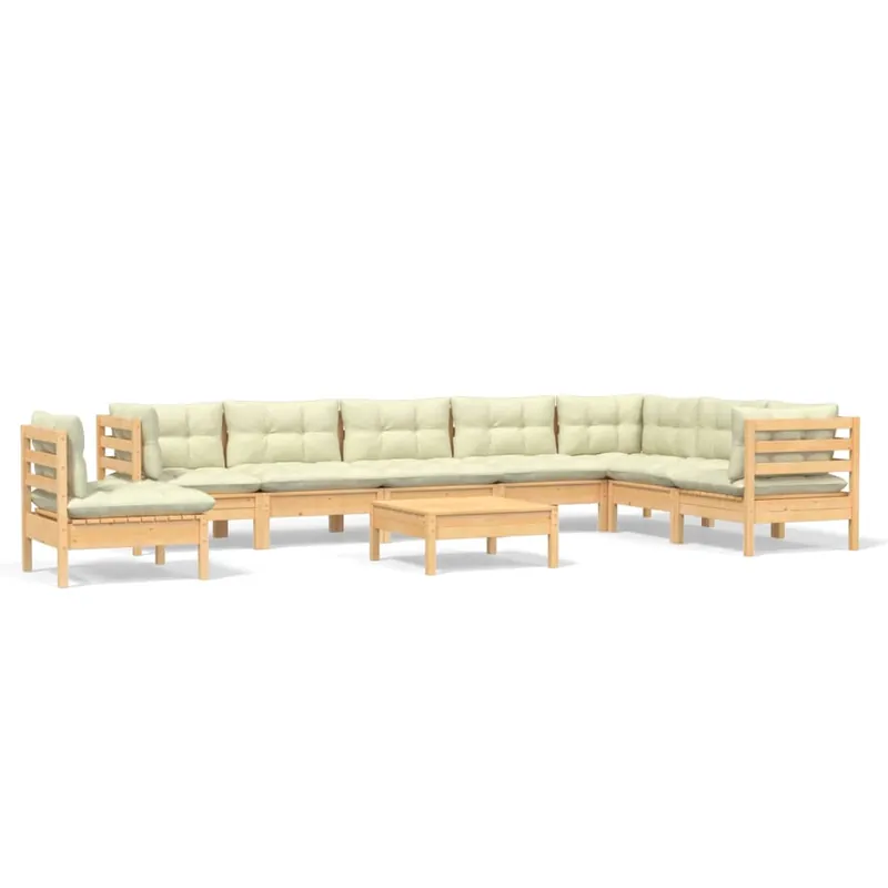 Muebles de jardín 9 pzas y cojines madera maciza de pino crema