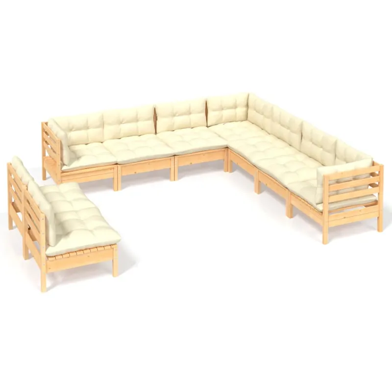 Muebles de jardín 9 pzas y cojines madera maciza de pino crema