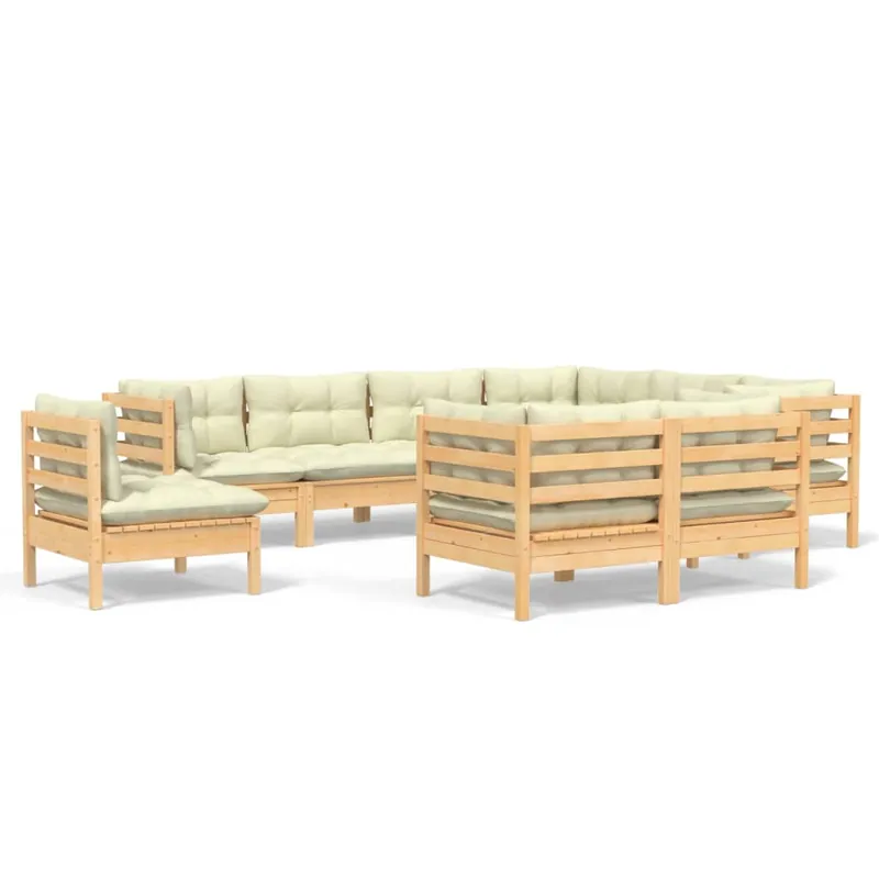 Muebles de jardín 9 pzas y cojines madera maciza de pino crema