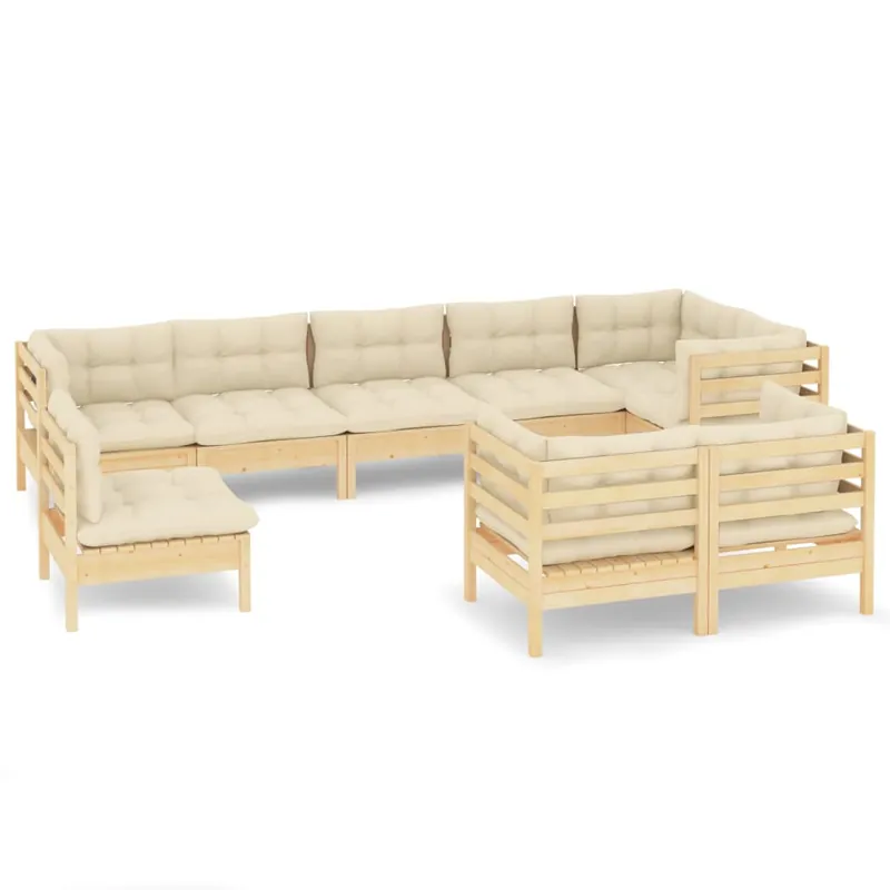 Muebles de jardín 9 pzas y cojines madera maciza de pino crema