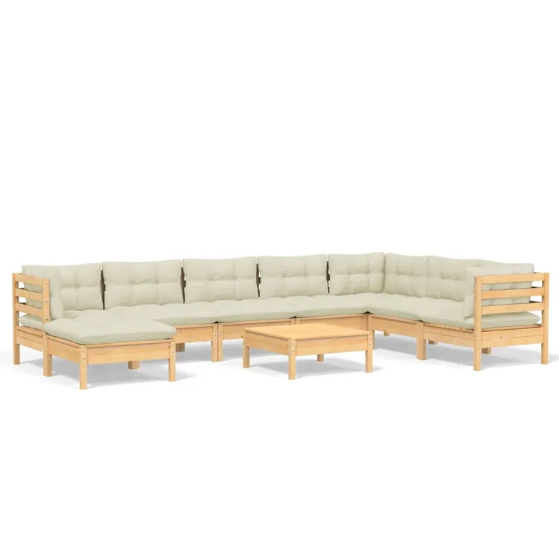 Muebles de jardín 9 pzas y cojines madera maciza de pino crema