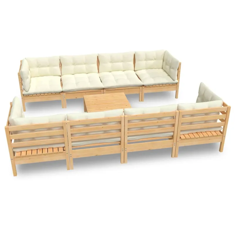 Muebles de jardín 9 pzas y cojines madera maciza de pino crema