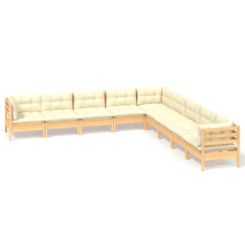 Muebles de jardín 9 pzas y cojines madera maciza de pino crema