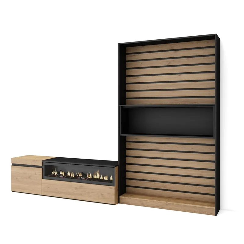 Muebles de Salón para TV, Conjunto de muebles comedor, 260x35x186cm, Para TV hasta 65", Chimenea eléctrica, Estilo Moderno, Blanco y negro