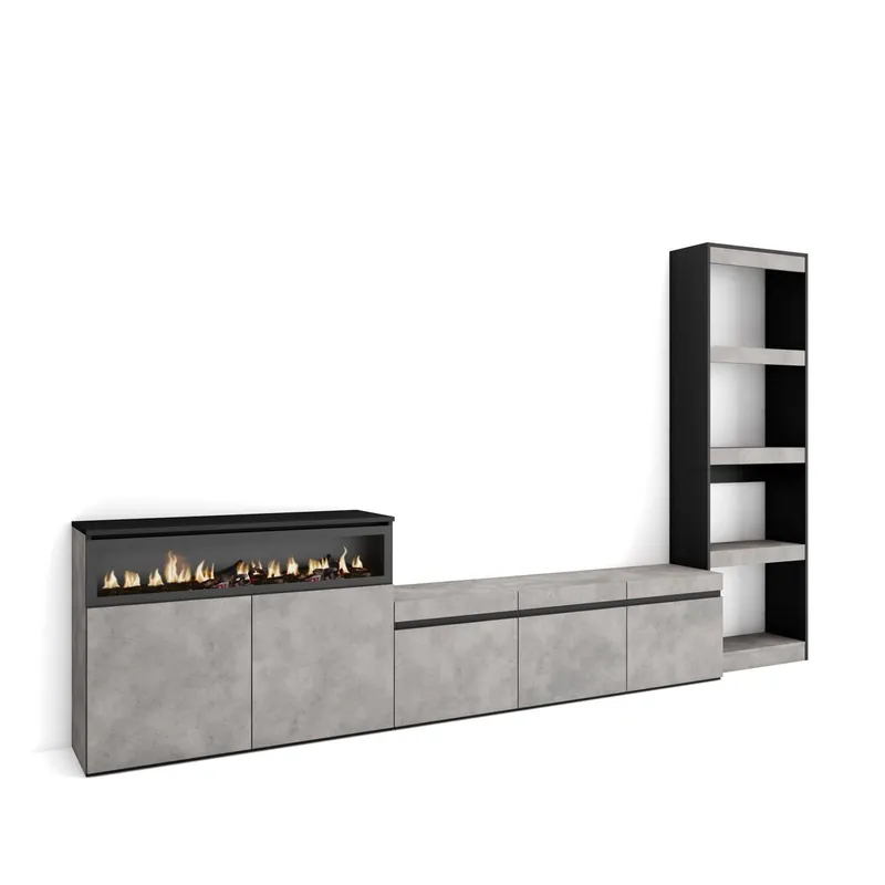 Muebles de Salón para TV, Conjunto de muebles comedor, 310x35x186cm, Para TV hasta 65", Chimenea eléctrica, Estilo Moderno, Cemento