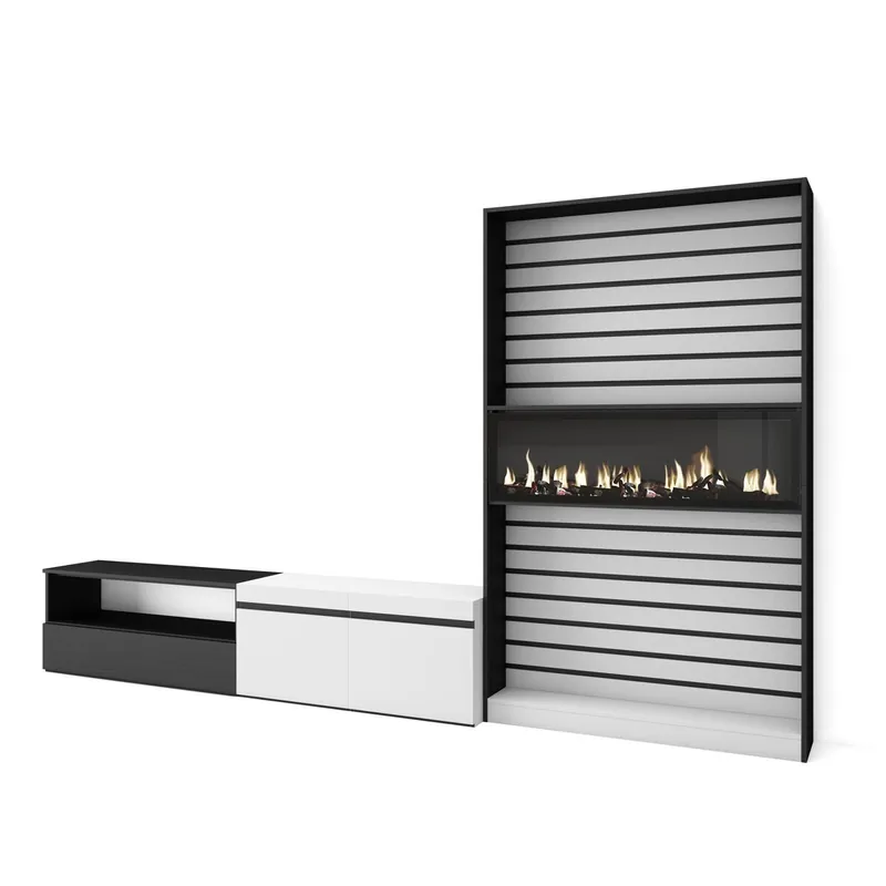 Muebles de Salón para TV, Conjunto de muebles comedor, 210x35x186cm, Para TV hasta 80", Chimenea eléctrica, Estilo Moderno, Blanco y negro
